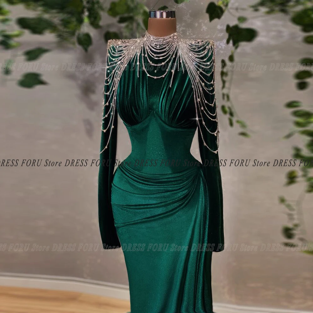 Velour Mermaid Prom Dress Luxury Long Sleeve O-Neck With Bead Tassel Pleat Floor Length Evening Party Formal Gala Customized 3