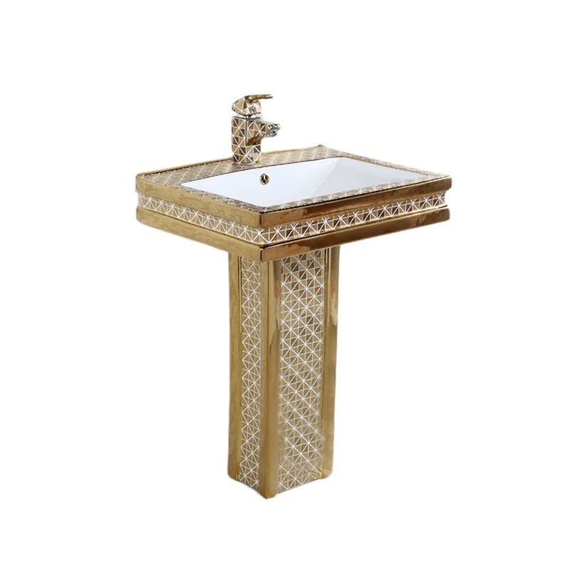 

Single faucet hole plated pedestal basin ceramic floor standing gold color sink for washroom