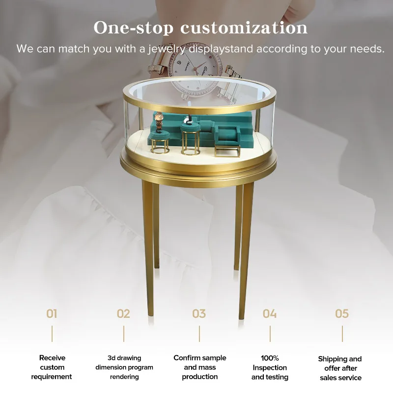 Custom Modern glass led light display floor standing round Display Counters Set Showcase Cabinet for Nail Salon Us