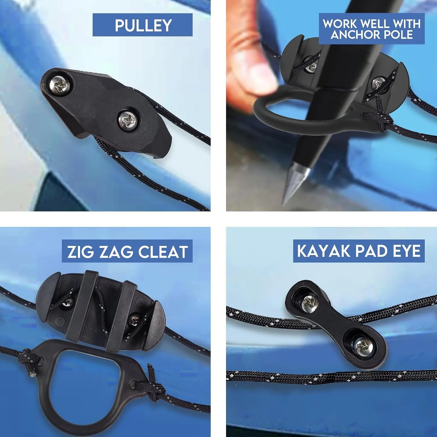 Kit Carrello Ancoraggio Kayak, Set Hardware Sistema Puleggia Ancoraggio Kayak con Corda, Bitta e Accessori di Montaggio per Canoa e Barca - immagine 4