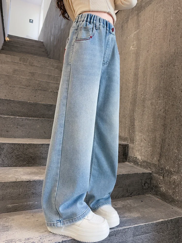 새로운 패션 키즈 캐주얼 데님 팬츠 스쿨 레터 프린트 바지 십대 소녀 와이드 레그 청바지 어린이 하이 스트리트 봄 가을