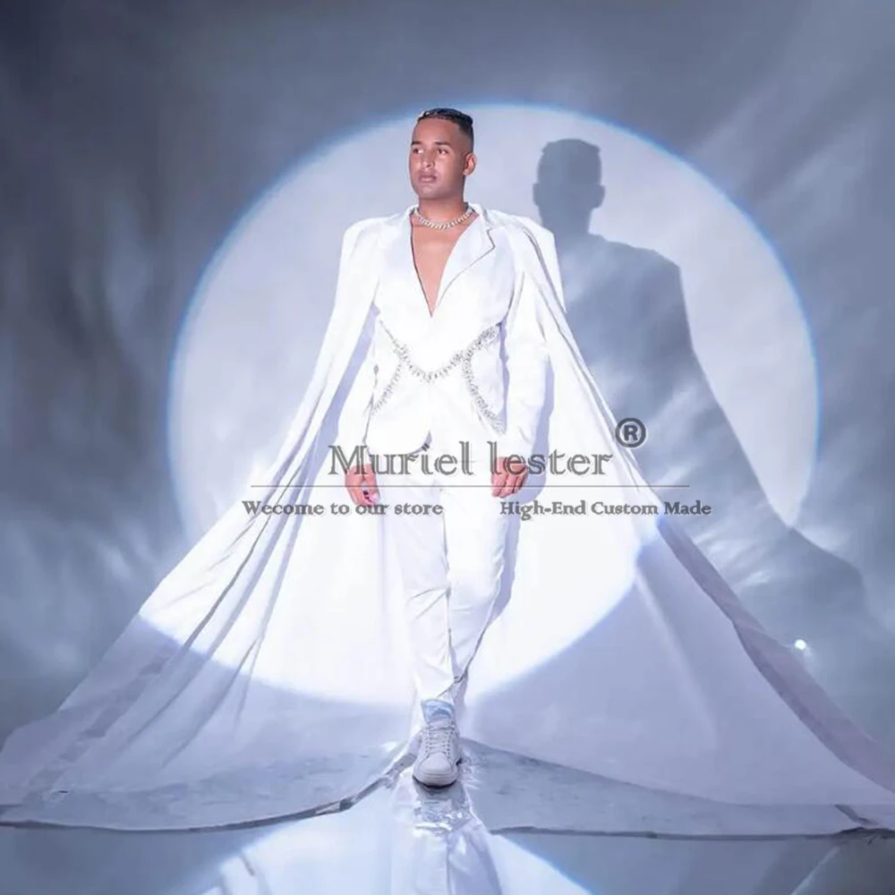 White Groom Wear Wedding Suits Jewelry Beading Prom Blazer With Cape Tailored Formal Party Suits Men Skinny 2 Piece Jacket Pants 2