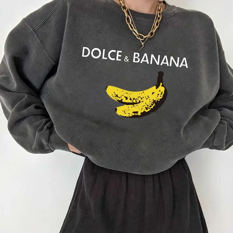 

Holifeni Dolce&banana Print Women Sweatshirts Streetwear Round Neck Long Sleeve Drop Shoulder Loose Winter Woman Sweatshirts