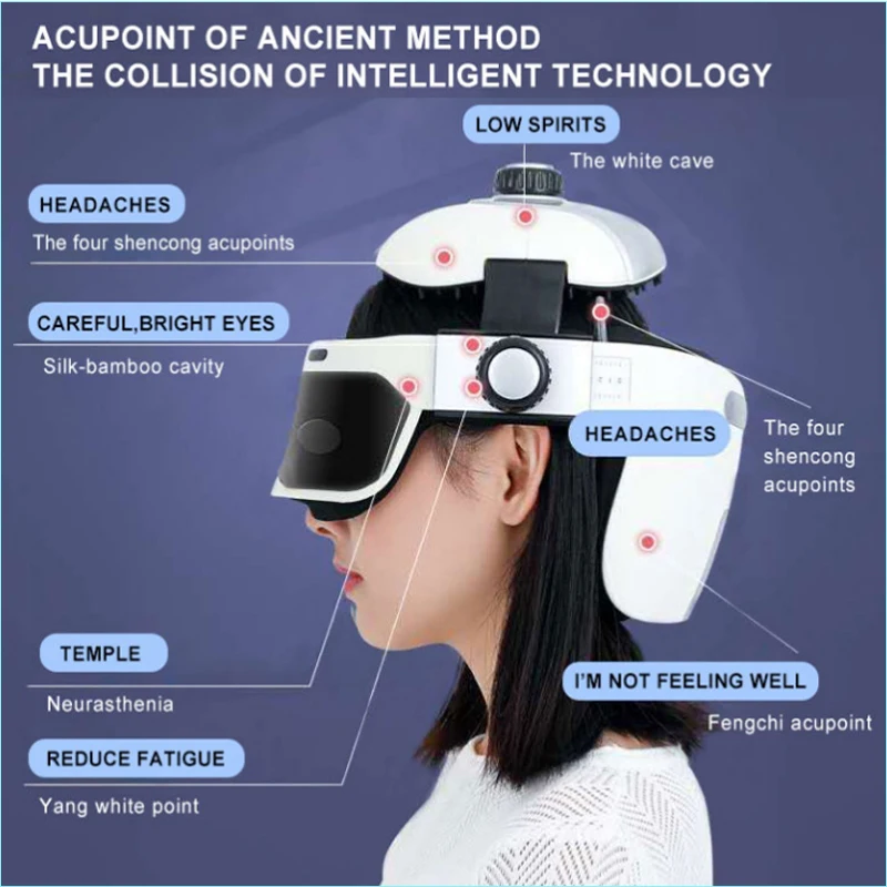 Masajeador de Ojos de cabeza de configuración superior, casco inalámbrico eléctrico, alivia el estrés, presión de aire, vibración, compresa caliente, herramienta de masaje