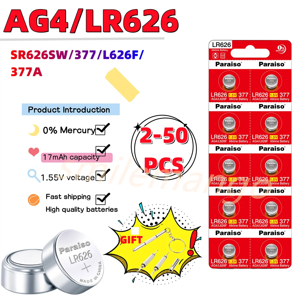 High Quality AG4 LR626 1.55V Alkaline Watch Battery 377 SR626 177 626A 377A CX66W For Toy Calculator Car Key Clock Button Cell
