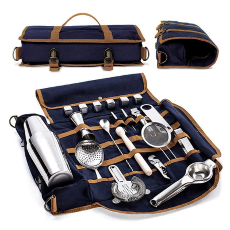 Bar Bartender Carrying Bag Creative Bartender Canvas Toolkit Pack Bar Tools Cocktail Shaker Set Storage BagOnly wine accessories