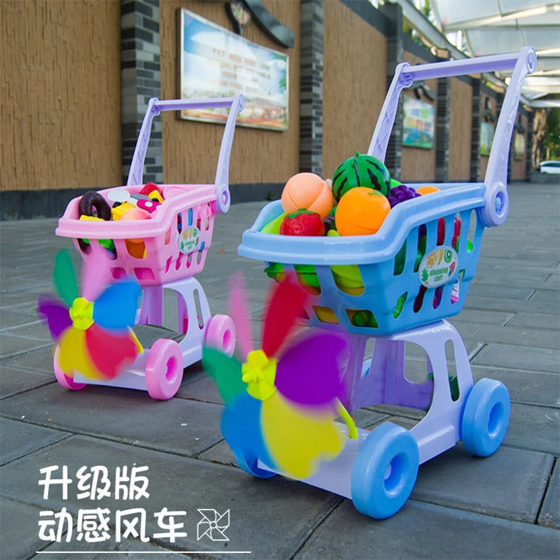 Shopping cart toy Pink Shopping Trolley Cart Supermarket Trolley Push Car Toys Basket Mini Simulation Fruit Food Pretend Play for Children