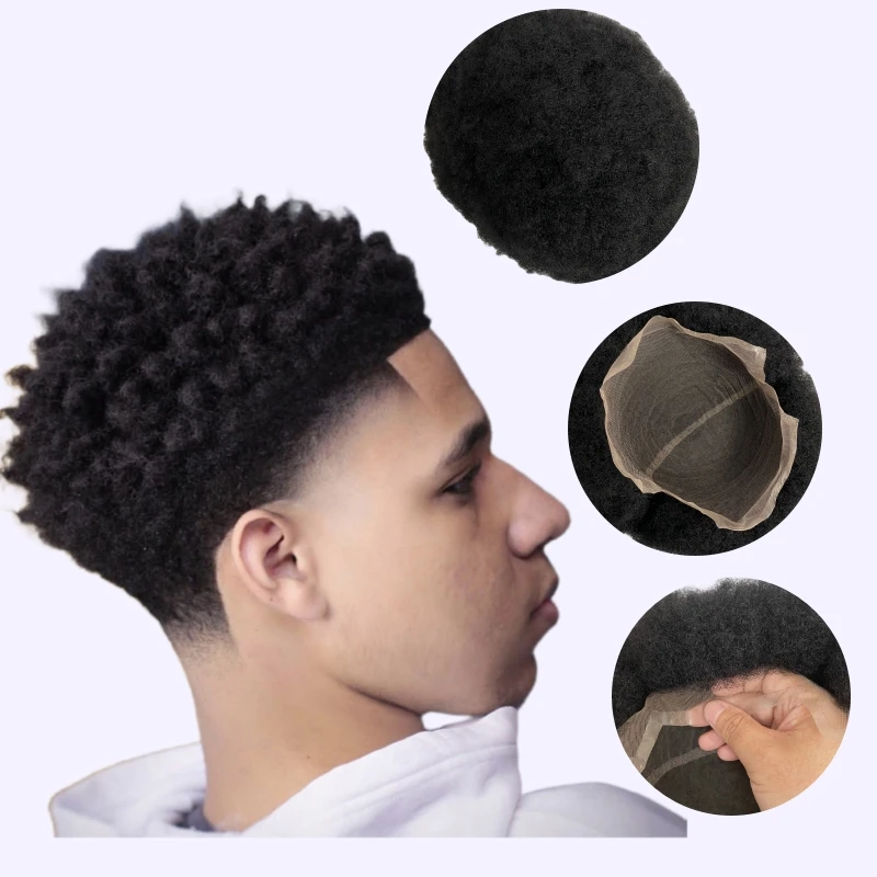 

European Virgin Human Hair Replacement #1 Jet Black 4mm Root Afro Toupee 8x10 Full French Lace Units Male Wigs for Black Men
