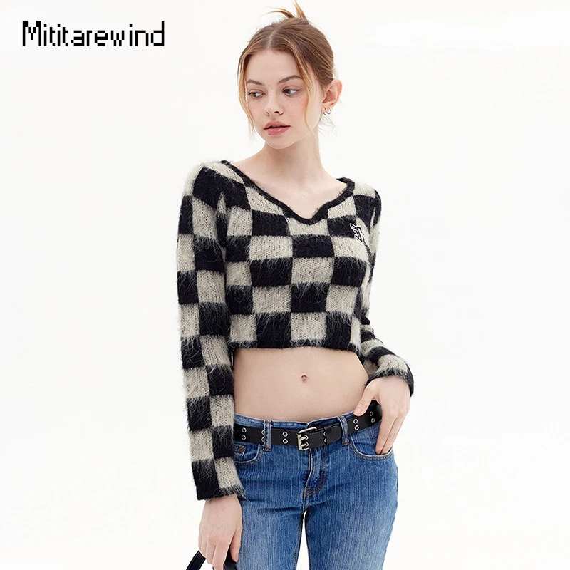 

Mohair Checkerboard Spring Autumn New in Sweaters Women Super Short Long Sleeve V-neck Knitted Sweater Femme Korean Knitwear Ins