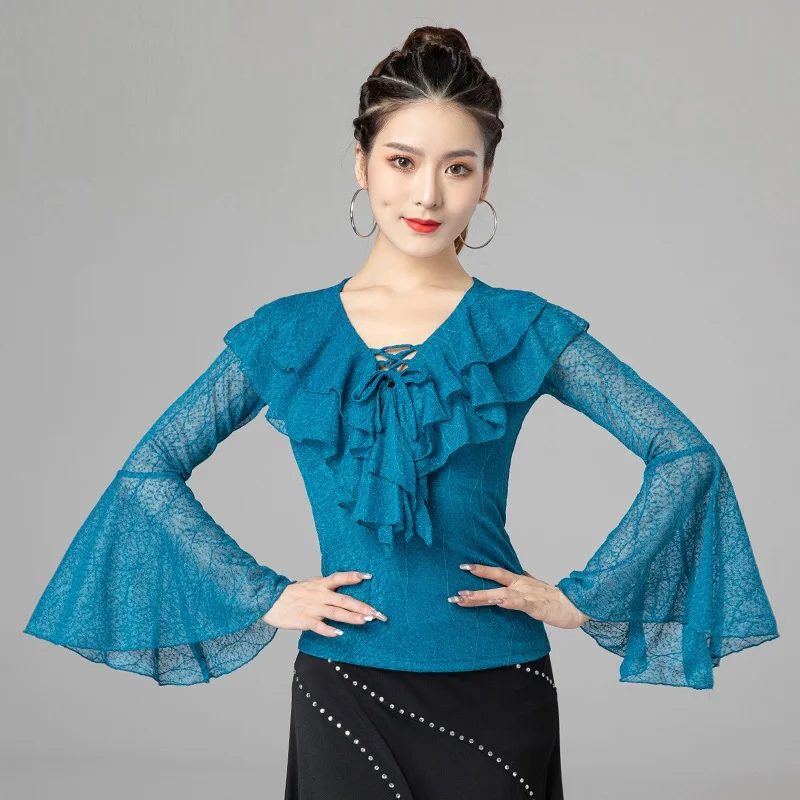 

X120 Latin Dance Blouse Girl New Modern Dance Top Waltz Ballroom Shirt Dancing Trumpet Sleeve Top Practice Performance Clothes
