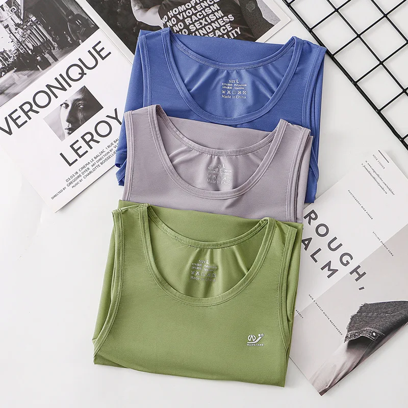 Summer Ice Silk Sleeveless Men T Shirt Mesh Breathable Quick Drying Thin Sports Undershirt Round Neck Elastic Tank Top Singlets