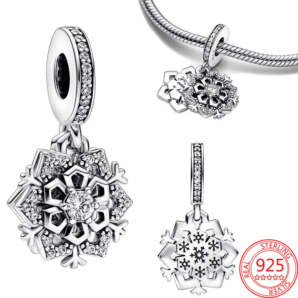 

plata charm of ley 925 Sterling Silver Sparkling Snowflake Double Dangle Charm fit Original Pandora & Bangle Girl Jewelry