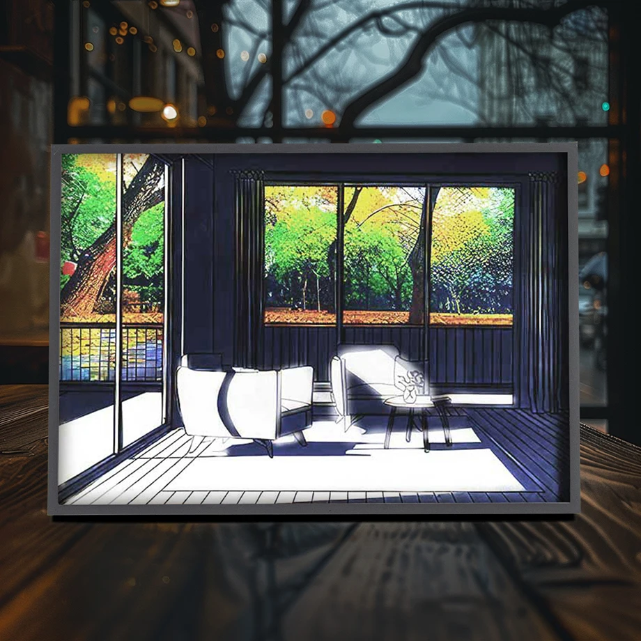창문에서 아름다운 전망 LED 조명 그림 사진 프레임, USB 페인팅 아트, 야간 조명, 방 장식, 친구 선물