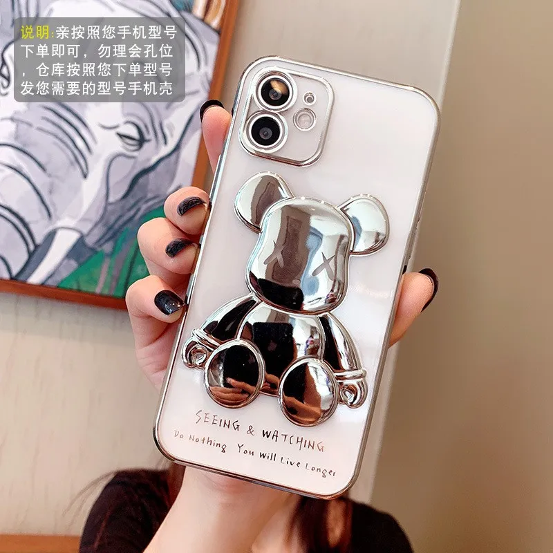 Cute Bear iPhone 13 Pro Max Case Metal Plating Border Transparent Back Cover Silicone Soft Case for iPhone12 11 Phone Case XR SX phone pouch bag Cases & Covers