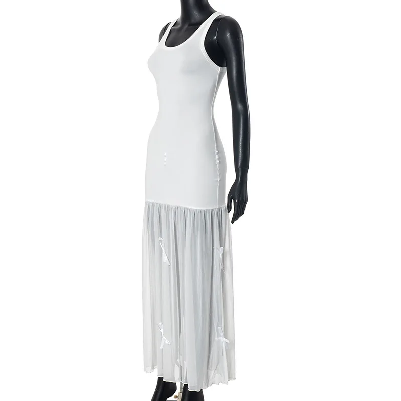 Tee Bow Mesh Patchwork Long Dress Women's Bandage See-Through Beach Holiday Party Dress Elegant Slim Maxi Dress Summer New