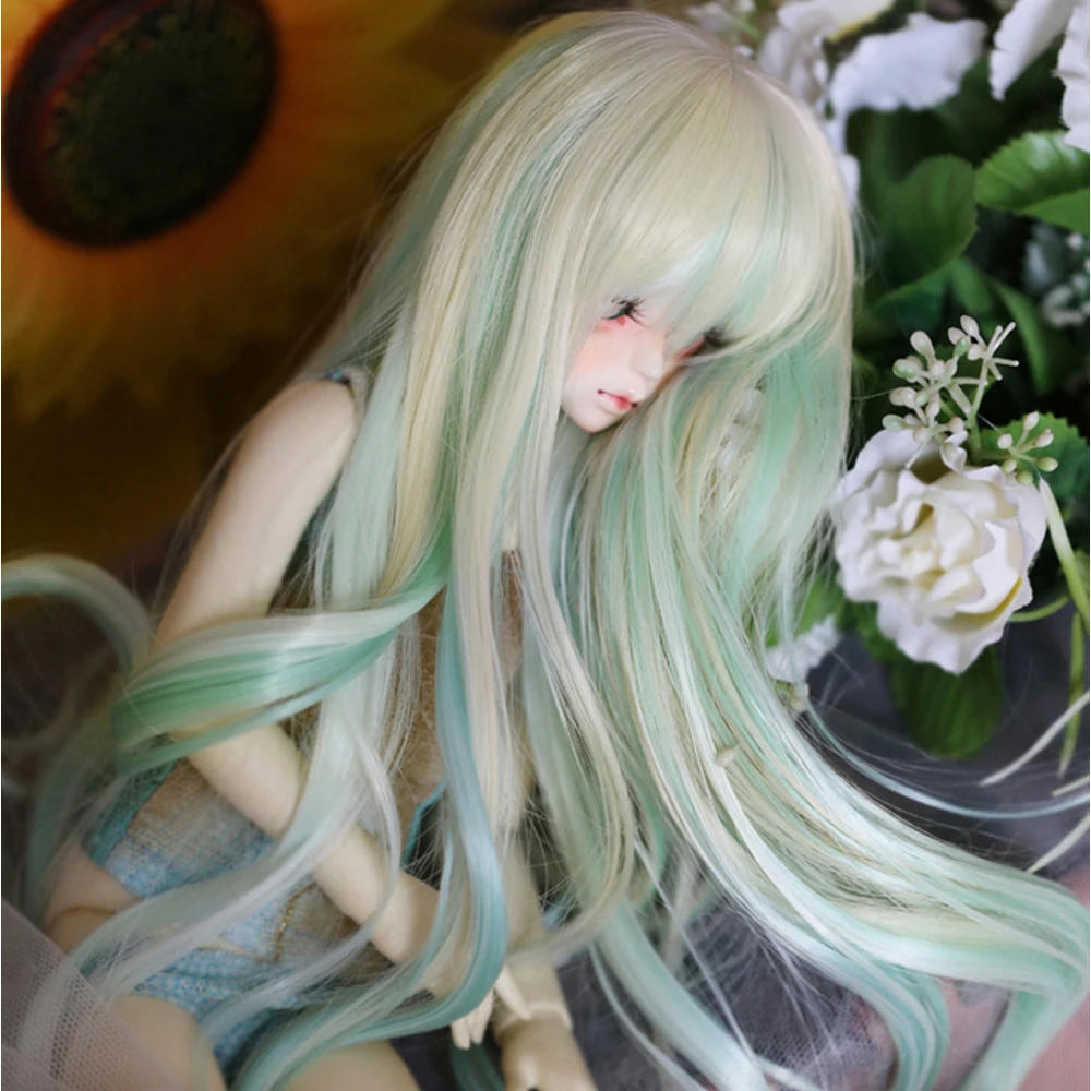 

D01-P118 children handmade toy 1/3 1/4 Doll Accessories BJD/SD doll wig Long Curly Hair Cyan 1pcs