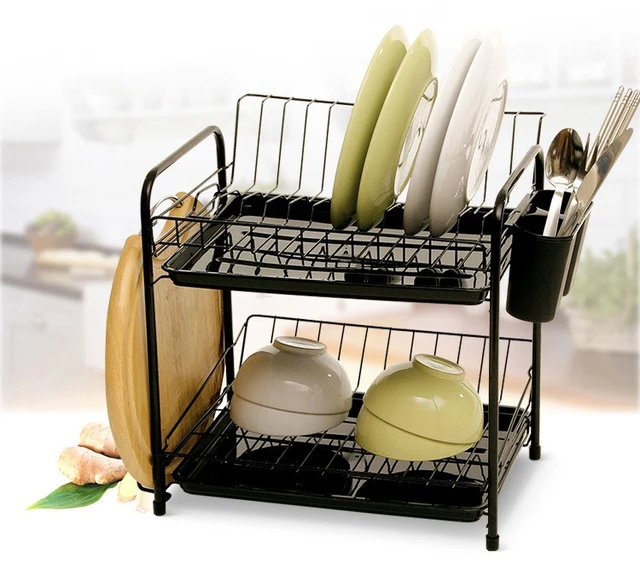 Dish Drying Rack for Kitchen Counter, Compact Dish Drainer with Drainboard,  Utensil Holder and Cup Rack, Black - AliExpress
