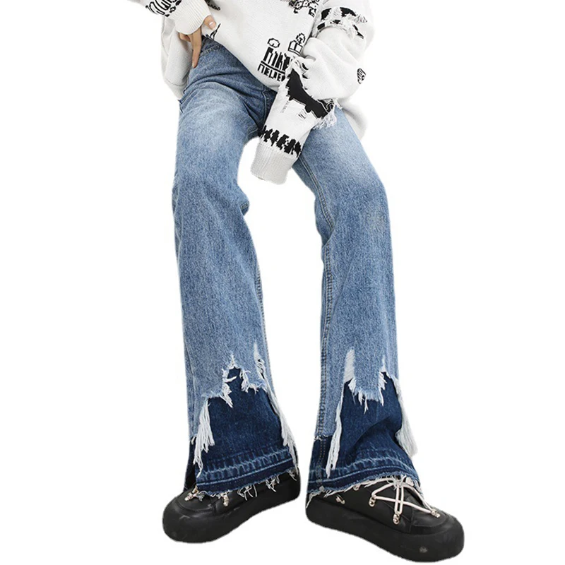 2022 High Street Women's Jeans Fashion Design Raw Edges Aesthetic Wide-Leg Pants High Waisted Denim 90s Slit Jeans