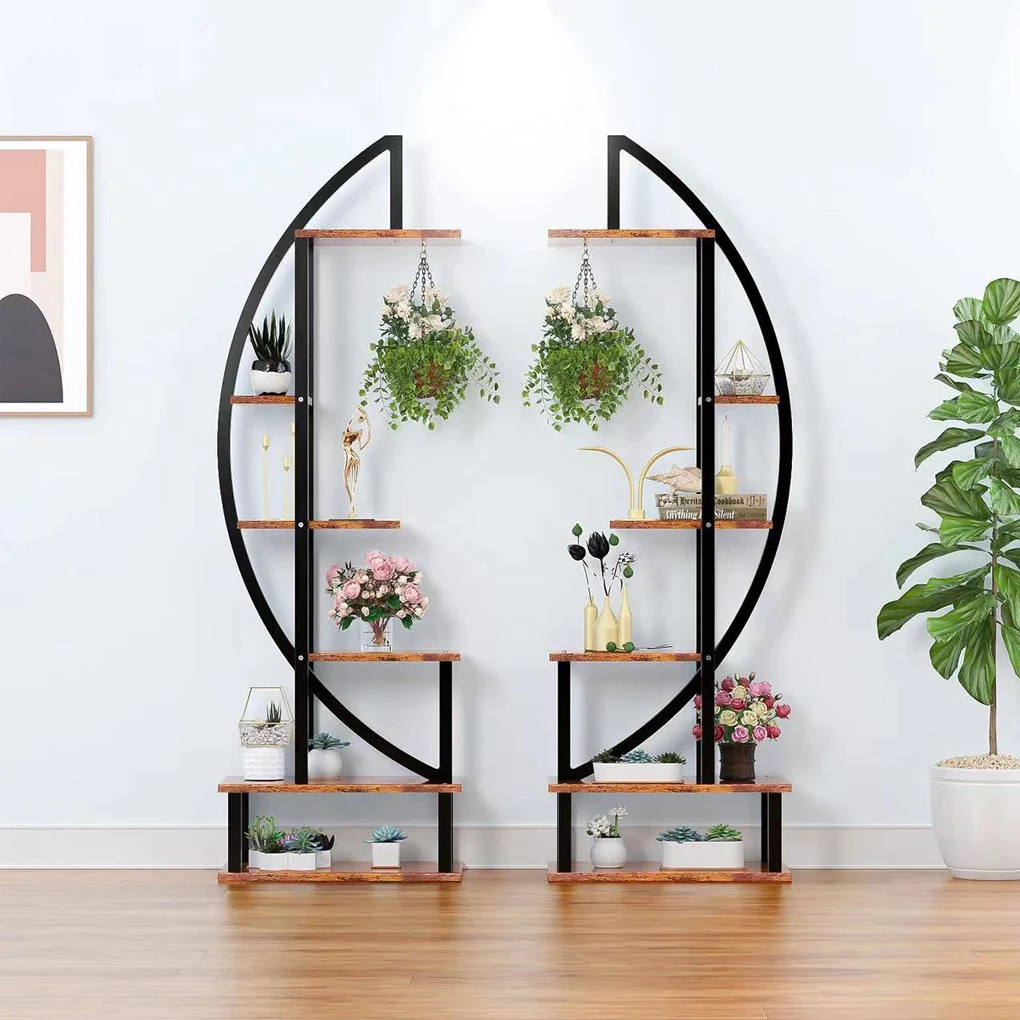 Crescent Shape Multi-layer Wooden Plant Stand 2Pcs, Multi-function Shelf Living Room Home Decor Display Stand