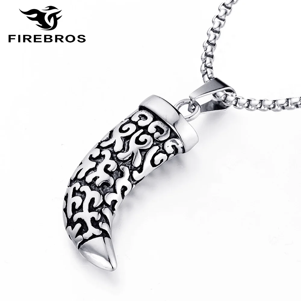 FIREBROS New Stainless Steel Horn Wolf Tooth Pendant Necklace 24" Chain Women Men Punk Rock Hiphop Jewelry Dropshipping