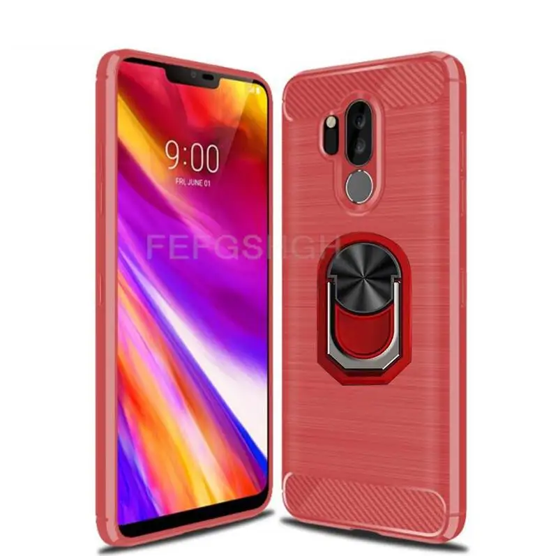 LG G7 ThinQ 용 Capa LG G7 ThinQ G710 G7 + G7 Plus LGG7 자기 링 스탠드 커버 용 브러시 탄소 섬유 소프트 실리콘 케이스