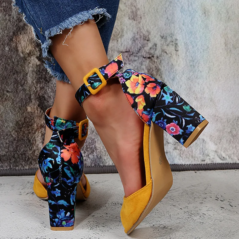 2023 Fashion Women Black Flock Flower Color High Heels
