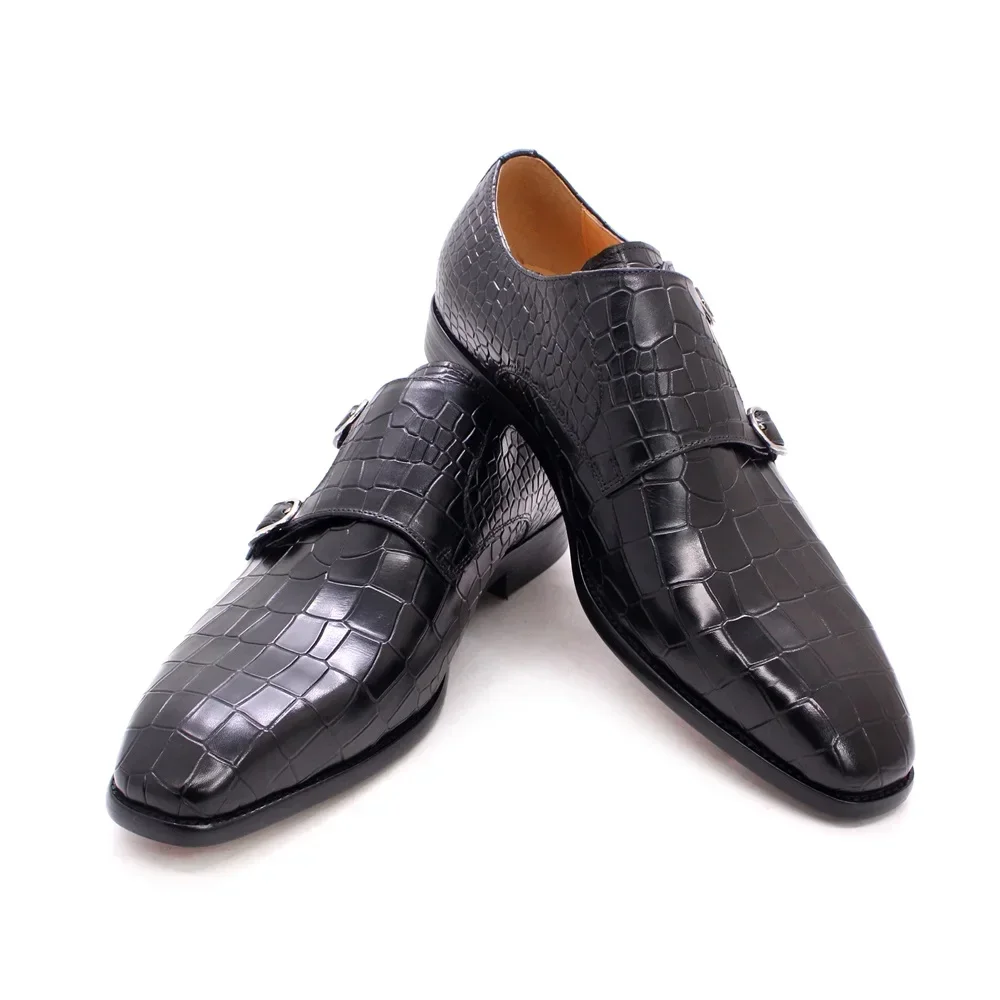 Men's Big Size 12 Monk Strap Dress Shoes-Genuine Leather Luxury Crocodile Print Double Buckle Pointed Toe Wedding Shoes