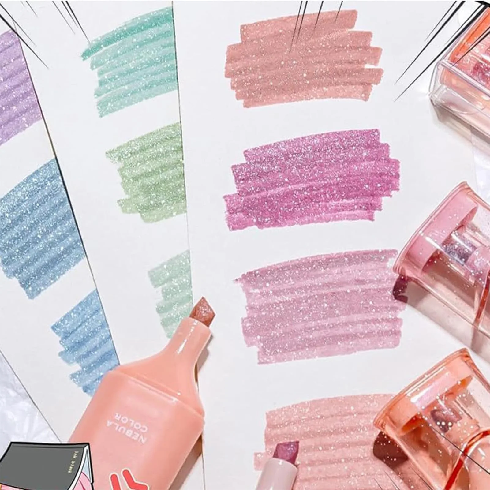 플래너에 적합한 드로잉 펜, 유연한 성운 색상 글리터 하이라이터, 다이어리 노트, DIN889, 4 개