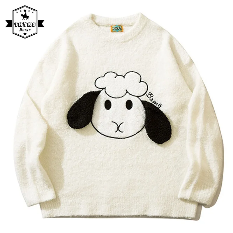 

Милый свитер в стиле Харадзюку для мужчин и женщин, винтажные мягкие Пуловеры в стиле High Street с рисунком овцы, с флокировкой, стиль унисекс, на осень