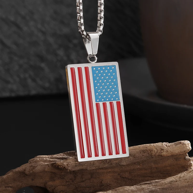 

New Classic Flag Stars and Stripes Square Pendant Stainless Steel Necklace Men and Women Personalized Fashion Jewelry Gifts