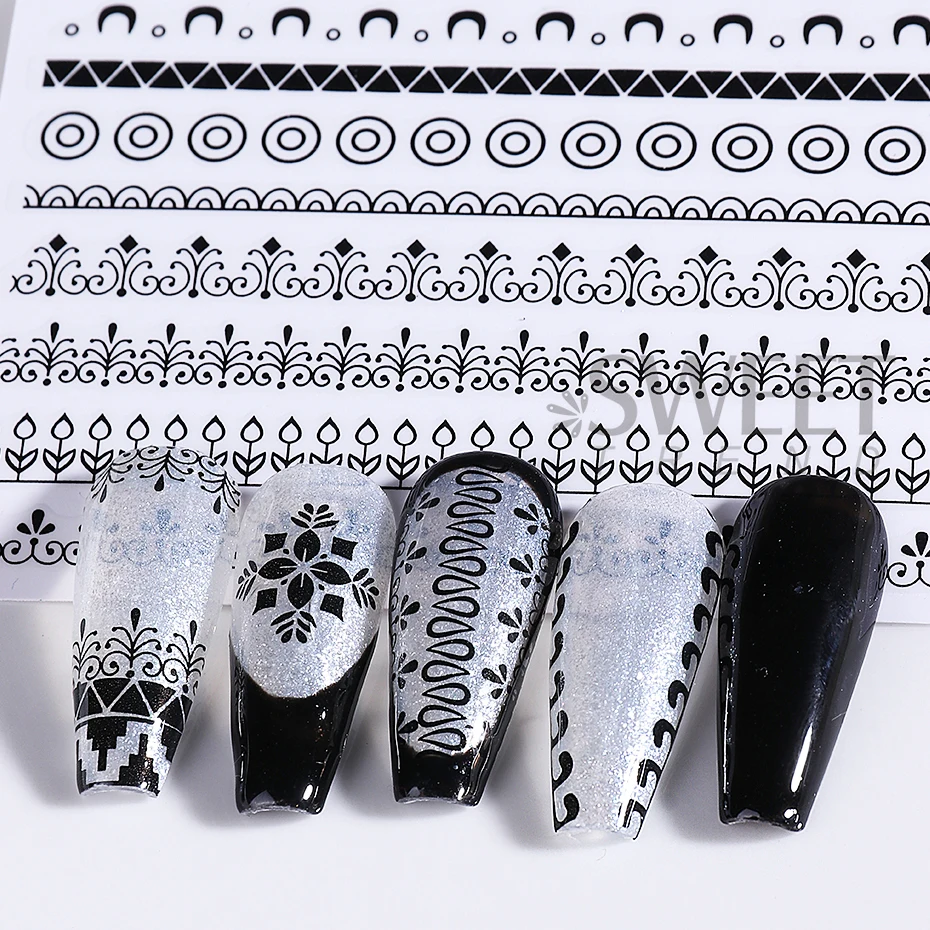6pcs Black Lace Nail Sticker Elegant Fashion Geometric Lace Ribbon Petals Bohemian DIY Manicure Decals Sliders Nail Decoration