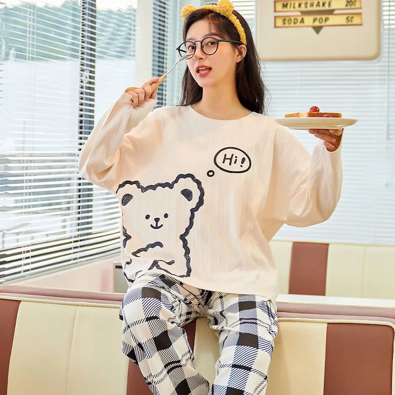 Spring Autumn Women's Combed Cotton Pajamas Long Sleeve Pants Home Clothing Set Sweet Cute Cartoon Loose Sleepwear