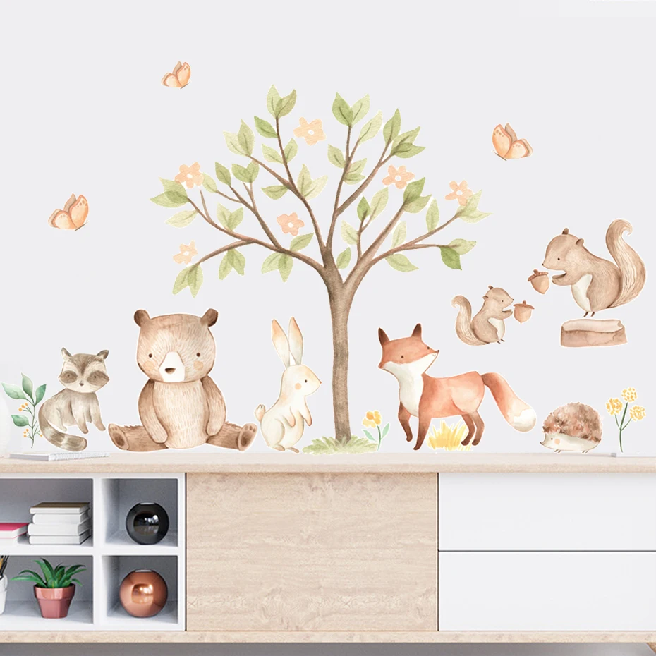 Boho Cartoon Deer Rabbit Woodland Animals Leaf Watercolor Nursery Wall Decals Kids Room Girls Bedroom Sticker Home Decor wall stickers vinyl decal stickers