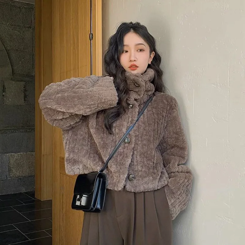 Rimocy Winter Warm Lambswool Coats Women Fashion Korean Padded Cotton Outerwear Woman Stand Collar Cropped Jacket Female 2024 5