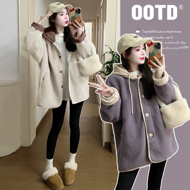 Autumn Winter Maternity Clothes Fashionable Lamb wool Hooded Coat Fleece Thicken Jacket Pregnant Woman Loose Warm Outwear
