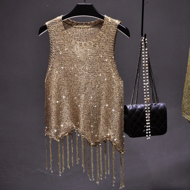 

2024New Sexy Shiny Gold Silver Knitted Tank Tops Women Bling Bling Sequined Tassels Knitted Vest All Neon Store Clothes Korean