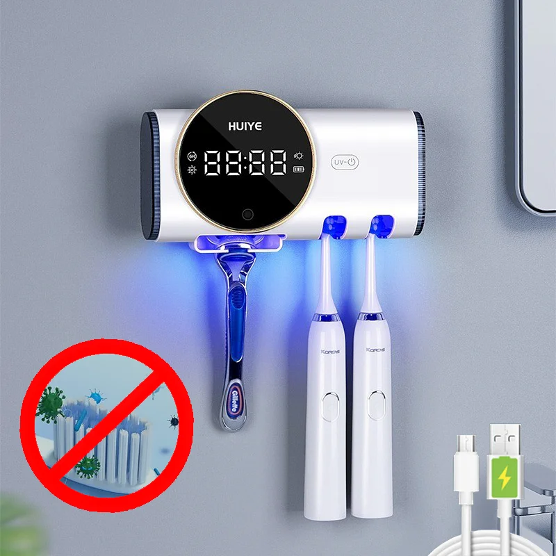 면도기 및 칫솔 살균기 빠른 건조 벽걸이 형 면도기 홀더 욕실 용 LED 디스플레이가있는 UV 칫솔 살균기