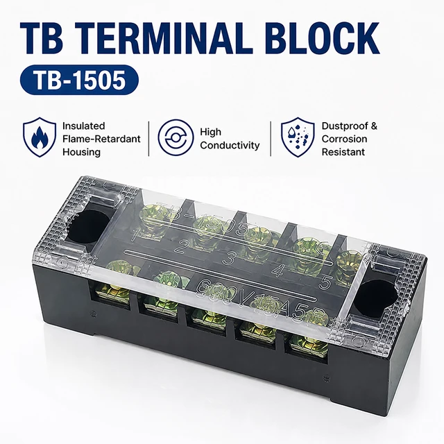 1PCS  TB1505 Dual Row Thick Copper Screw Terminal Block Flame Retardant Grounding Strip Wire Connector 600V 15A 1