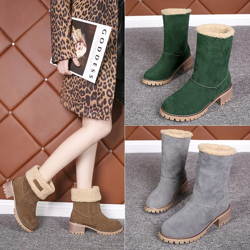 Women Winter Fur Warm Snow Boots Ladies Warm Wool Booties Ankle Boot Comfortable Shoes Turned-over Edge Casual Women Mid Boots