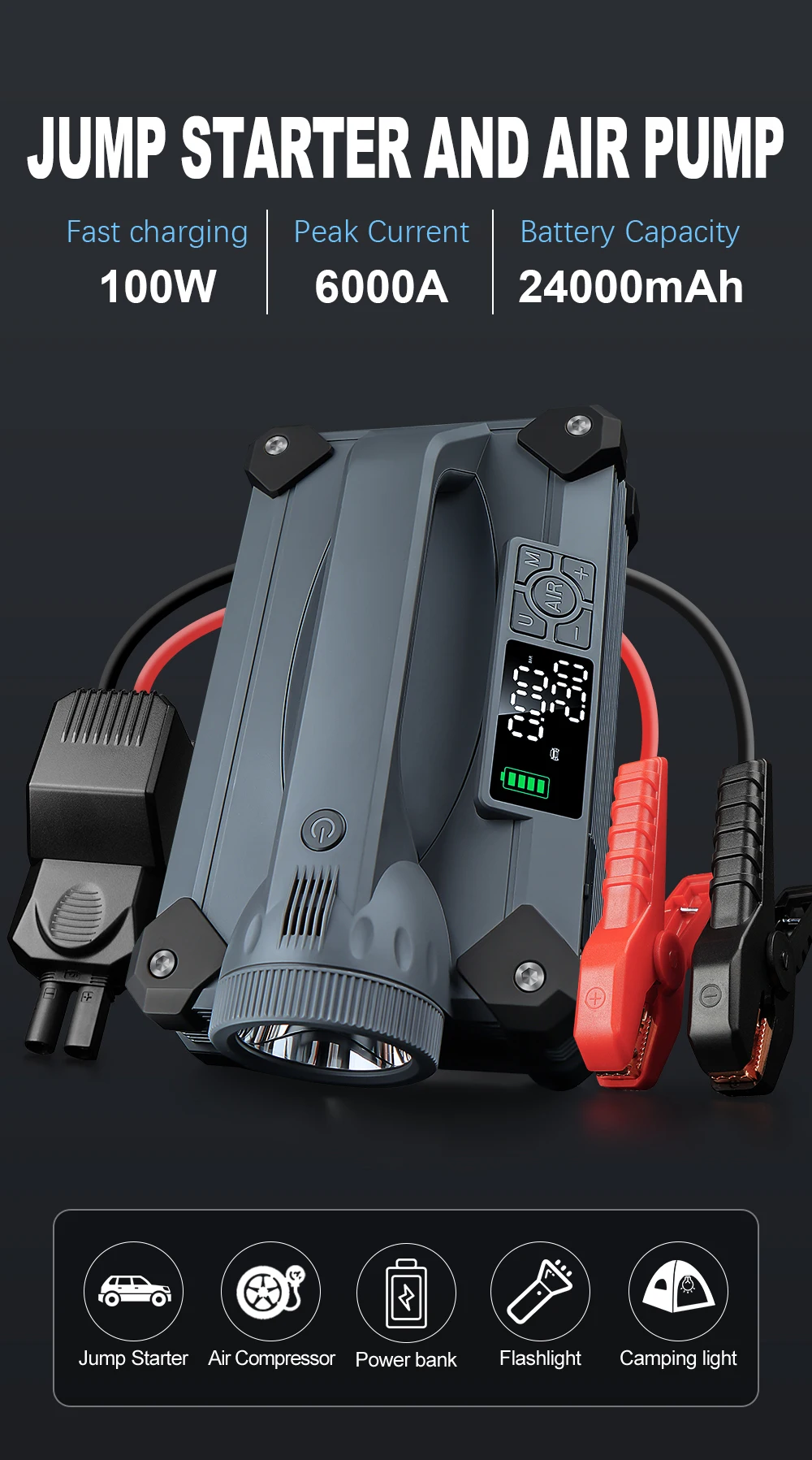 Car Jump Starter 6000A/12V with Air Compressor Tire Inflator for Car,15W Flashlight and Camping, PD 100W Power Bank 1