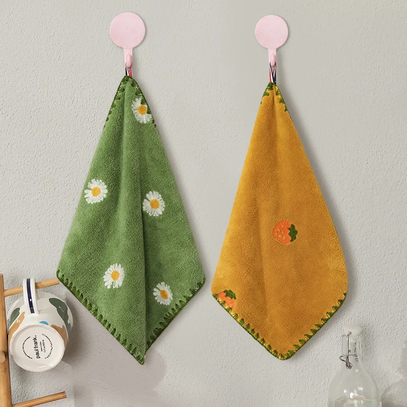 Hand Towel Absorbent Cartoon Embroidery 30x30cm Bathroom Kitchen Hanging Quick Drying
