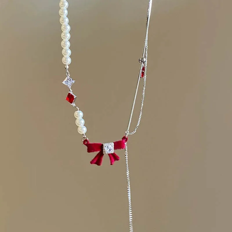 Bow Pearl Chain, Patchwork Necklace For Women, Zircon Necklace, Clavicle Chain Femme Jewelry Girlfriend Gift Cute