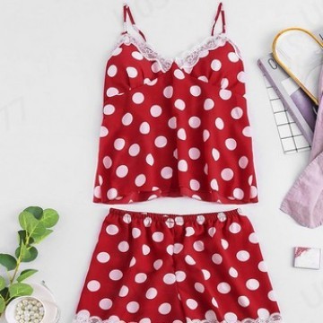 European & American Bestseller Sexy Lace & Polka Dot Cami Set with Lace-Trim Shorts – Women's 2-Piece Loungewear