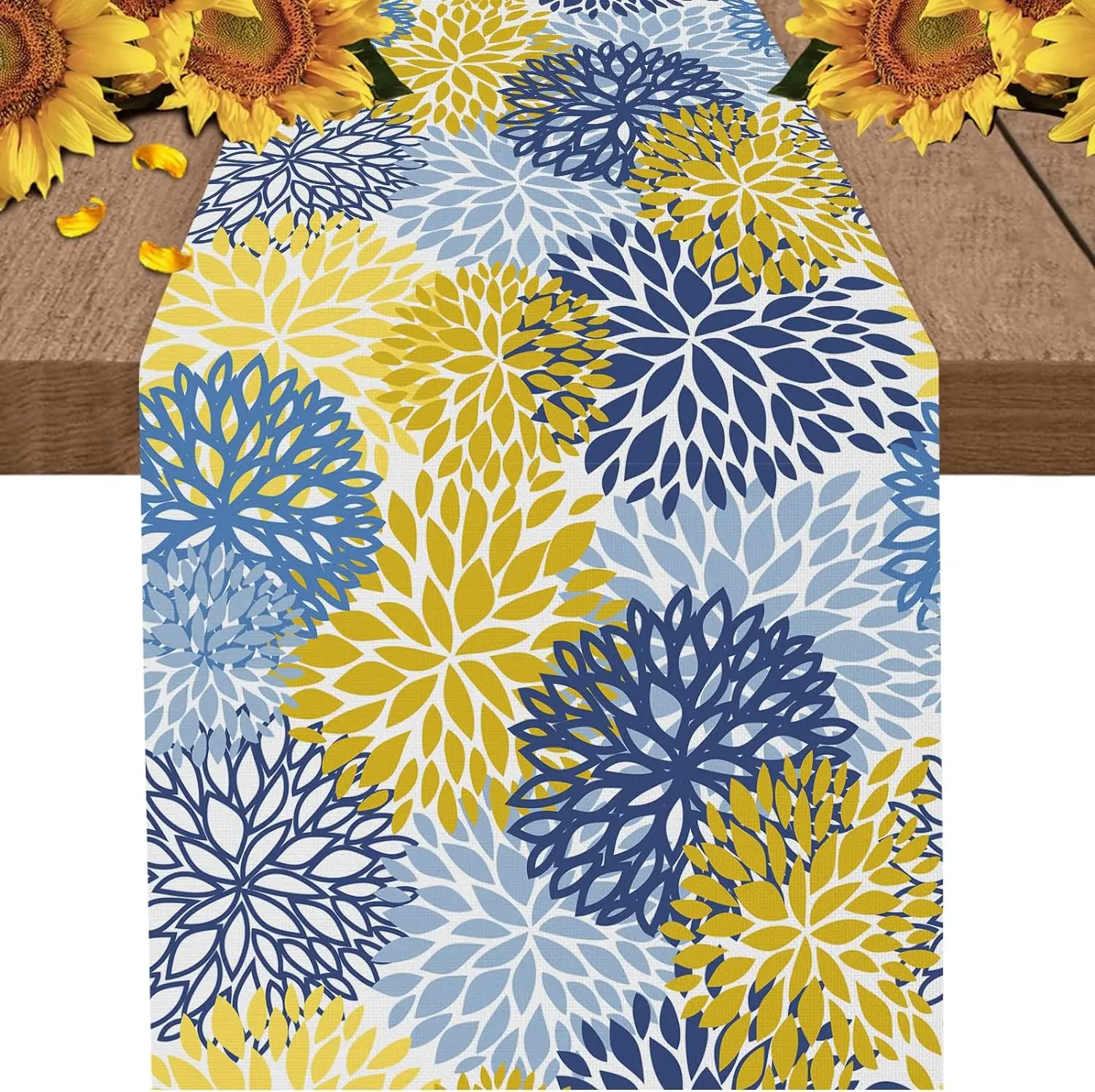

Blue Yellow Dahlia Flowers Linen Table Runners Dresser Scarf Table Decor Washable Kitchen Dining Table Runner Wedding Decoration