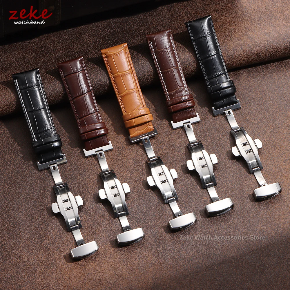 Elegant Genuine Leather Watch Band with Butterfly Clasp and Gift Box