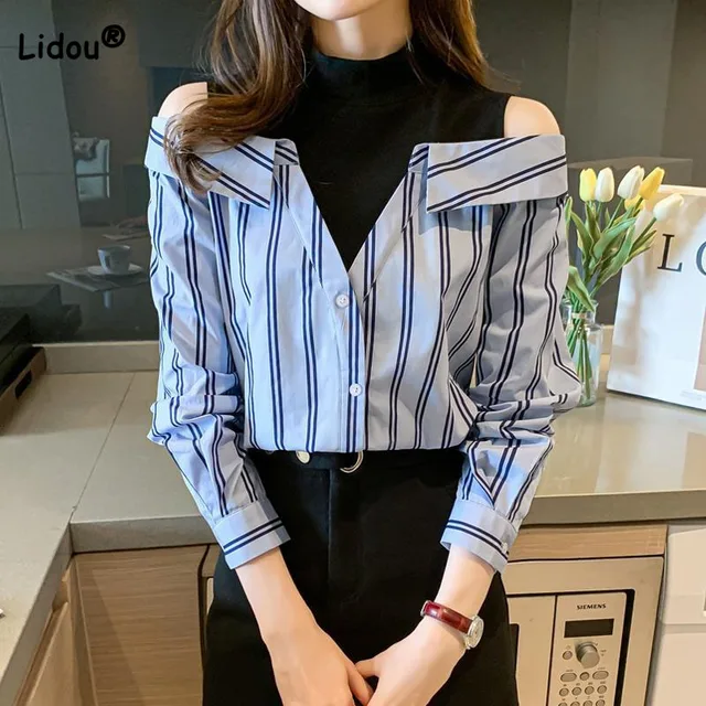 Spring Stylish Fake Two Pieces Striped Off Shoulder Shirt: A Perfect Addition to Your Wardrobe