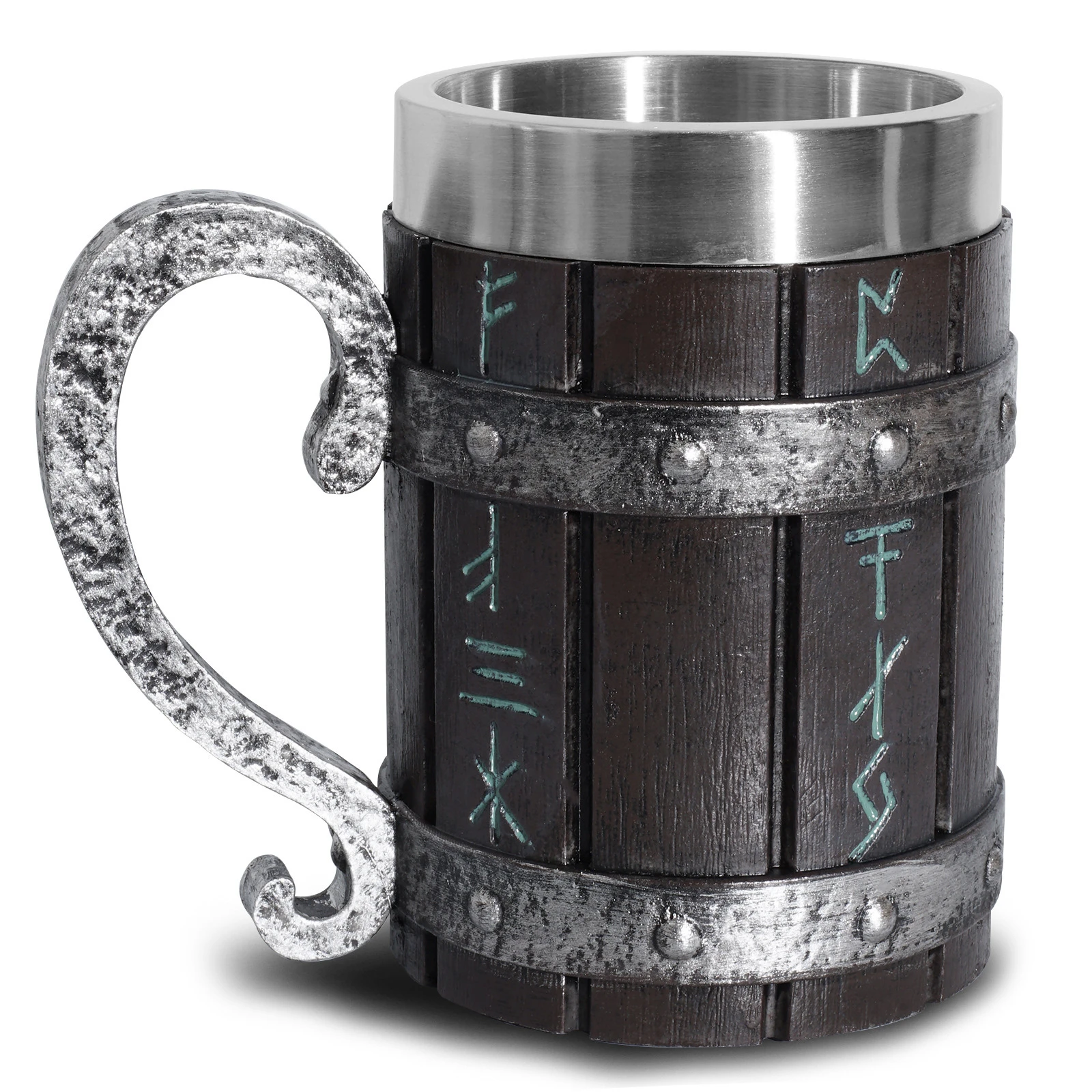 Medieval Norse Viking Runes Oak Barrel Beer Mug Stein With Stainless