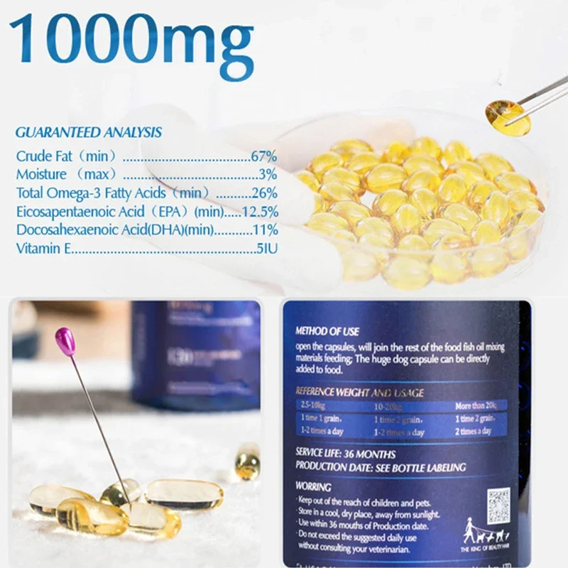 60 Capsules Deep-sea Fish Oil Pet Dogs OMEGA3&6 Salmon Oil Capsules Beauty Hair Anti-hair Loss Cod Liver