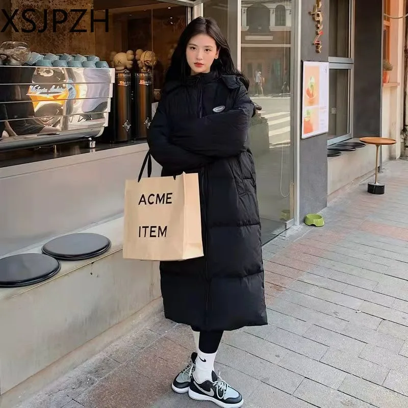 Xsjpzh S-2XL 2023 New Cotton Dress Women Mid Length Knee Over Korean Cotton Coat Loose Black Couple Oversize Fashion Outerwear