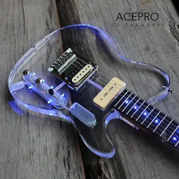 In Stock Acepro Blue LED Light Electric Guitar, Clear Acrylic Body Crystal Guitar, Maple Neck Acrylic Guitarra